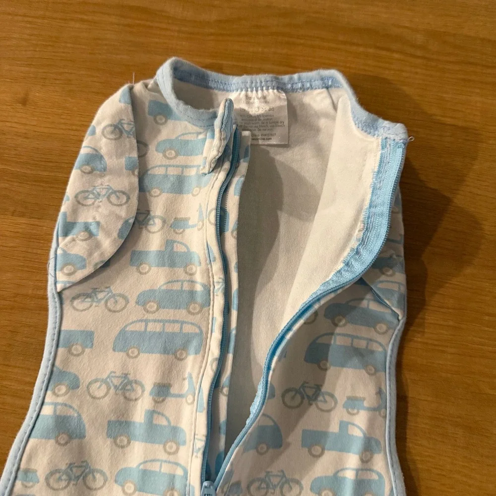 Woombie Transitional Swaddle 0-3 Months Blue White Truck Bicycle Sleep Sack